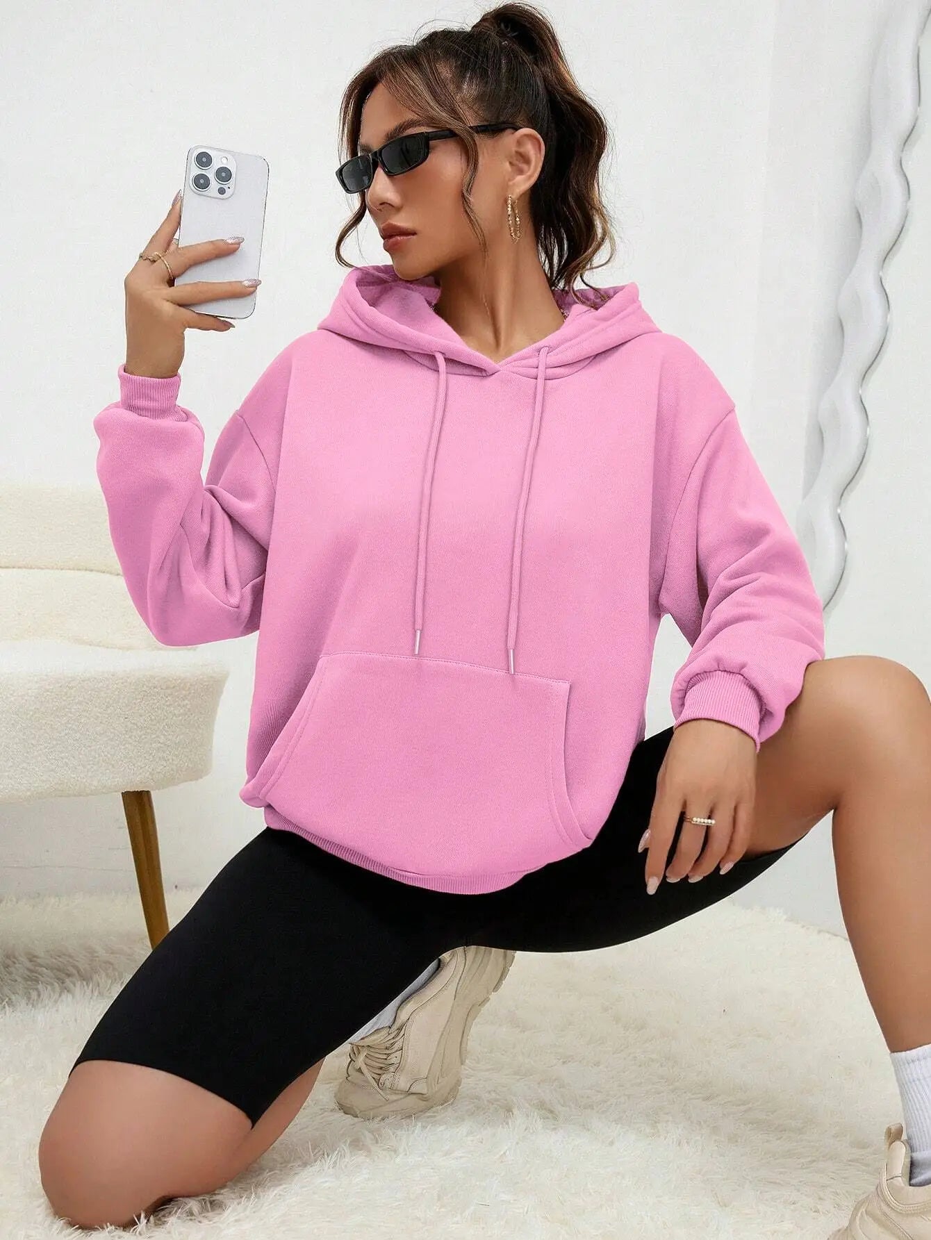 Solid Color Hoody For Female Autumn Fashionable Clothing Casual Fleece Pocket Hoodies Multicolor Unisex Women Streetwear
