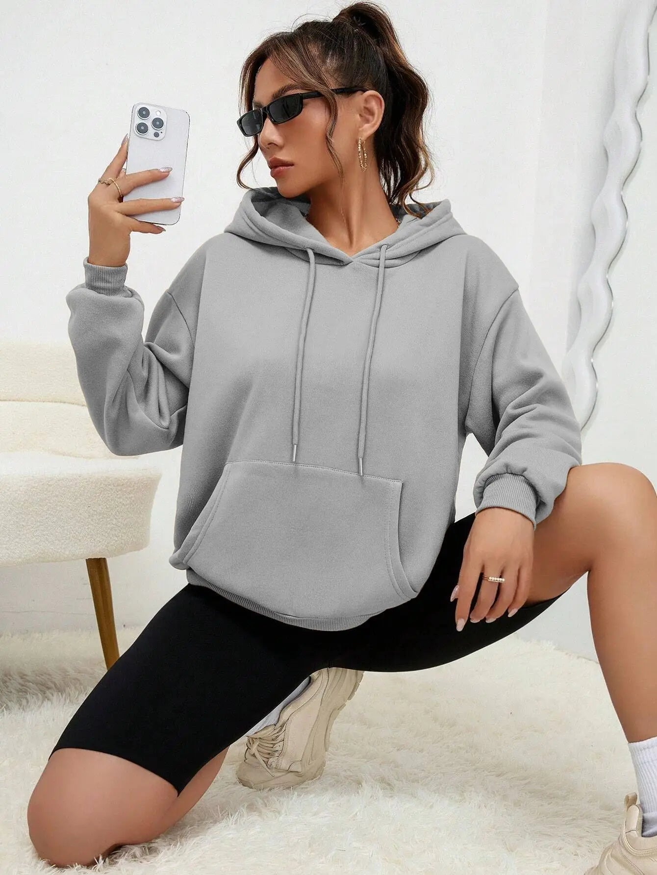 Solid Color Hoody For Female Autumn Fashionable Clothing Casual Fleece Pocket Hoodies Multicolor Unisex Women Streetwear